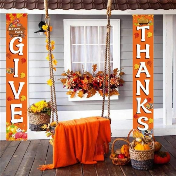 GIVE THANKS Hanging Banner Autumn Pumpkin Maple Leaf Fall Harvest 72"x12" - Picture 3 of 6